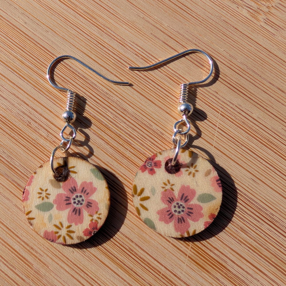 Pink and Cream Floral Disc Earrings